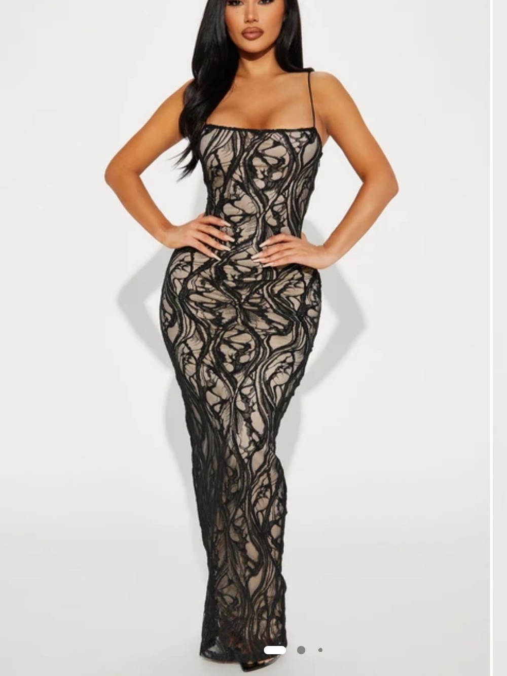 Fashion Nova Black Lace Overlay Maxi Dress with Nude Lining